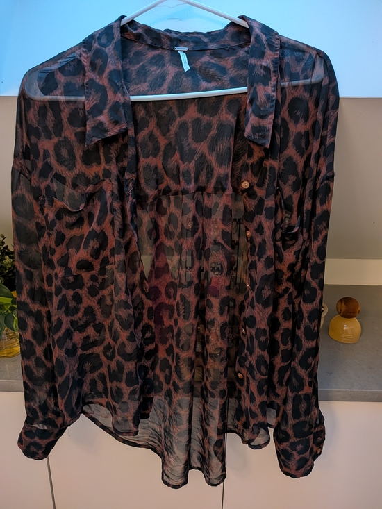 Free People Tops - Free People Sheer Leopard Print Button-Down Shirt - Brown and Black